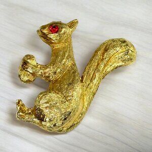 Vintage Squirrel Brooch Gold Tone Red Rhinestone Eye Costume Jewelry